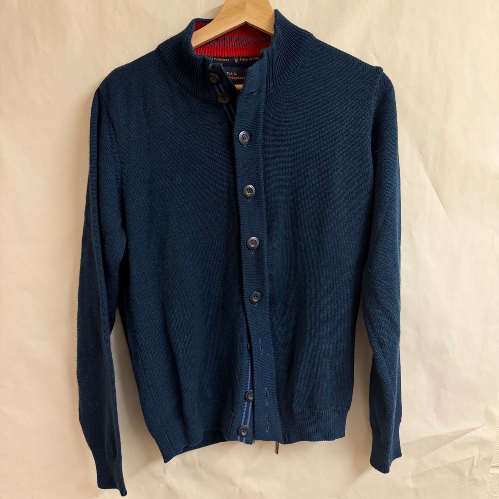 Fabio dei Velapazza Mens Blue Virgin Wool Zip Button Cardigan Sweater M Preppy